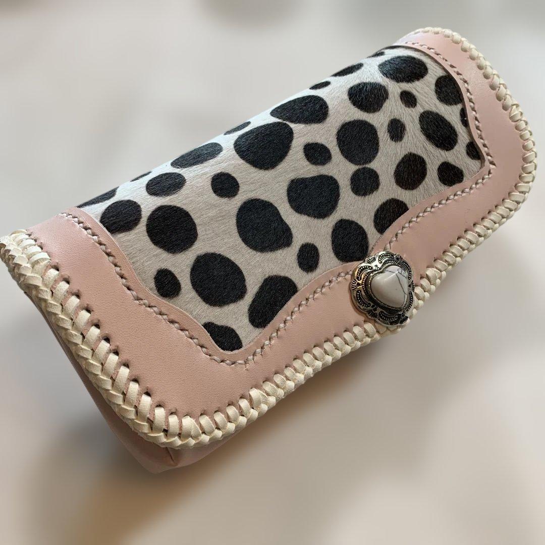 レザークラフト牛革ベビーピンクダルメシアン柄ハラコアコーディオン長財布牛レース編