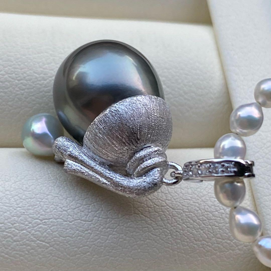 本真珠　南洋黒蝶真珠&あこや真珠ネックレストップ12mmダークグリーンPT826