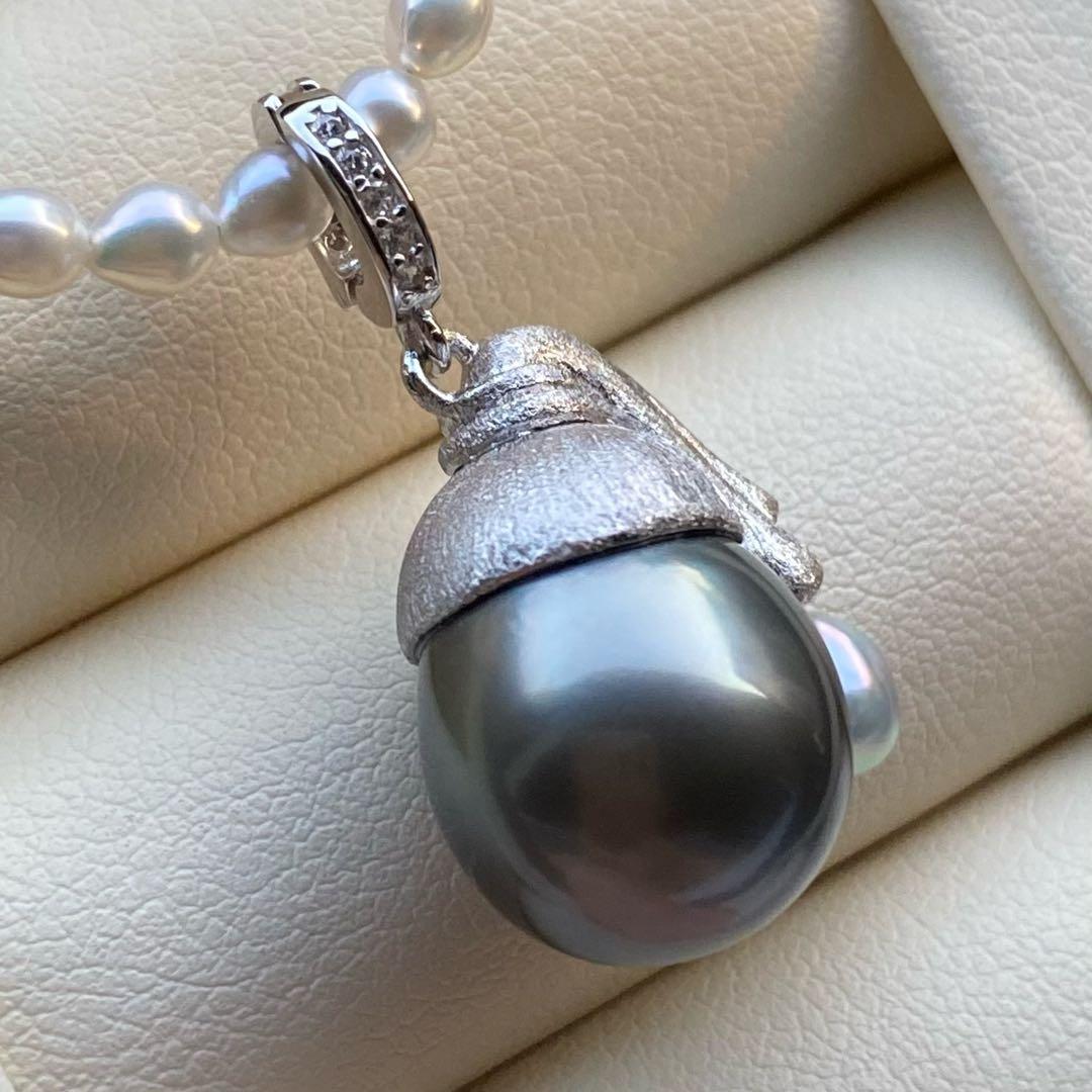 本真珠　南洋黒蝶真珠&あこや真珠ネックレストップ12mmダークグリーンPT826