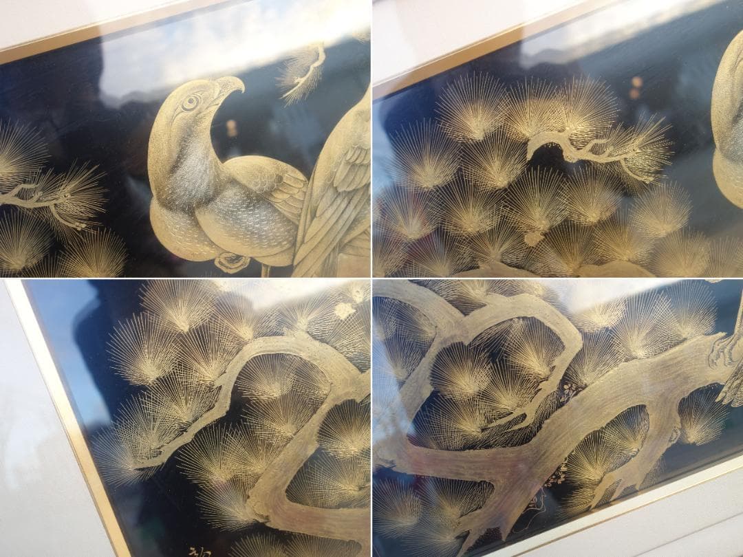 K▼森下弘堂 輪島塗 老松と鷹 沈金 額 扁額 (37424)