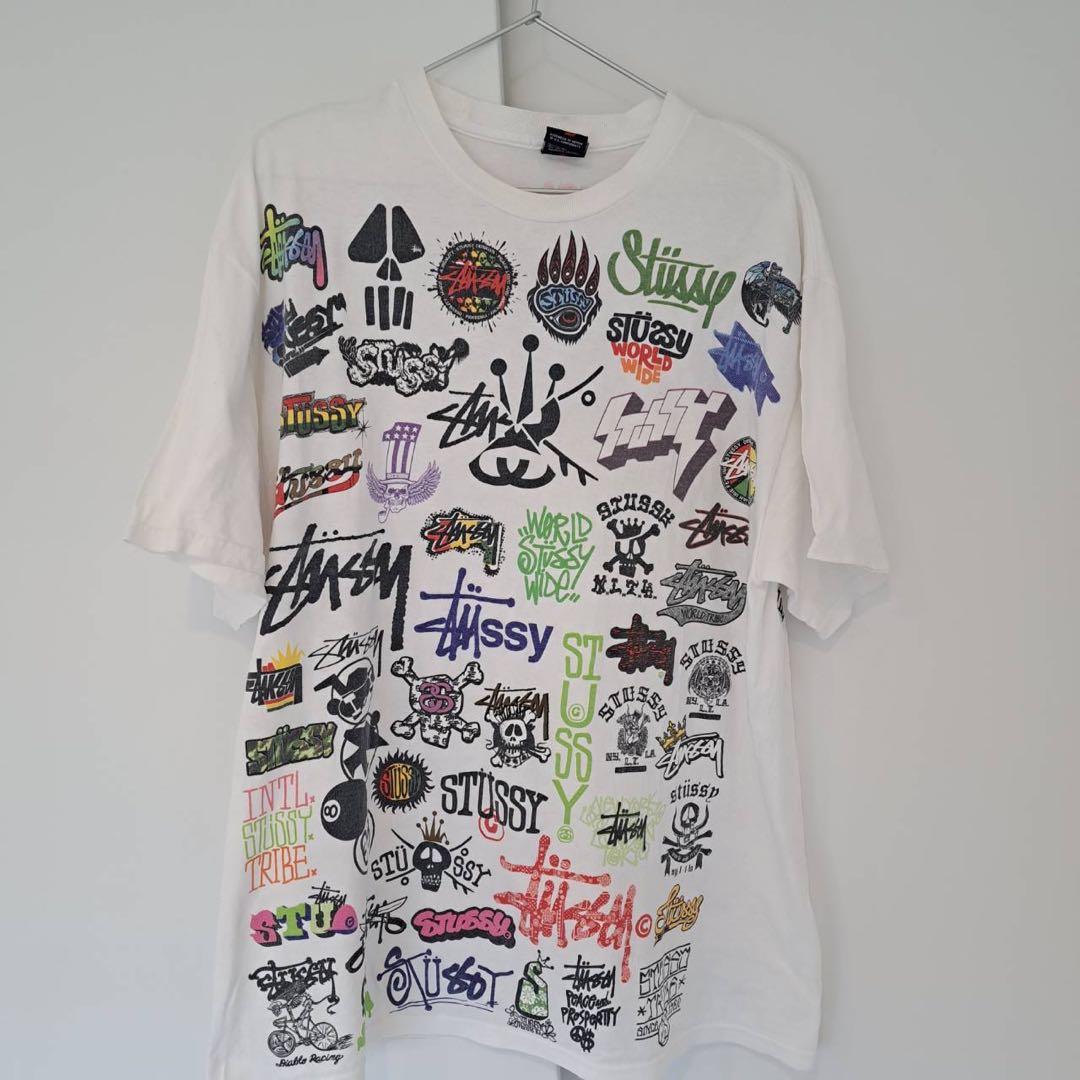 STUSSYステューシー 総柄Tシャツ オール歴代ロゴ 両面プリント Y2K L