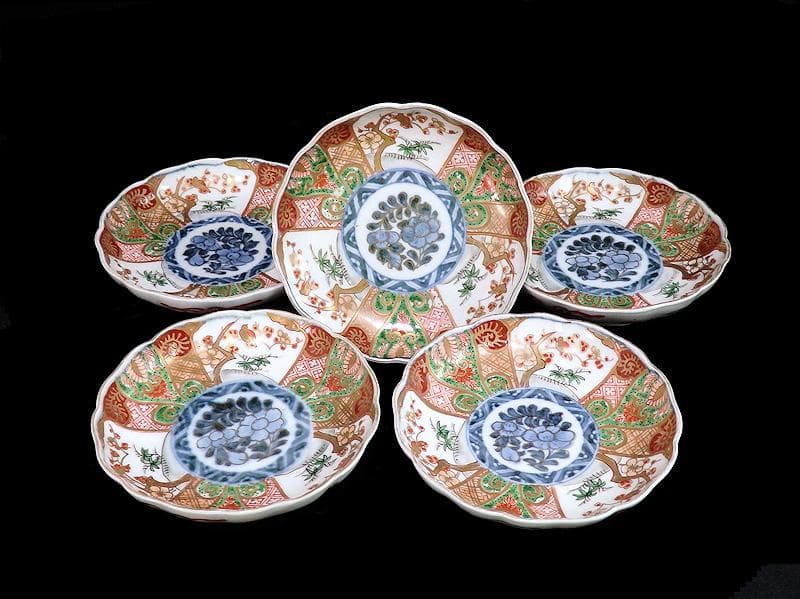 古伊万里　金襴手　牡丹に松竹梅の図　４寸皿　５枚　C782AS-CFj