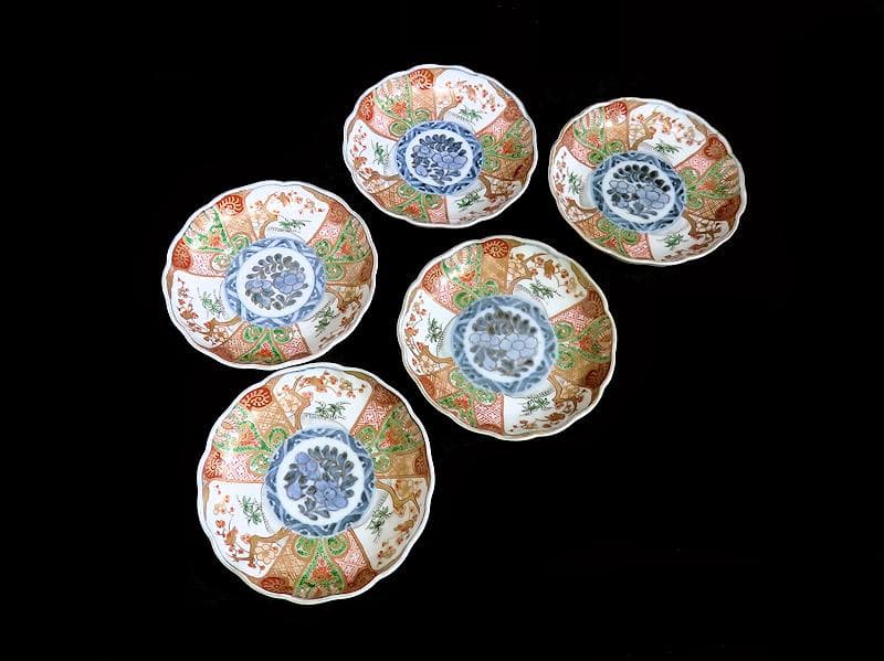 古伊万里　金襴手　牡丹に松竹梅の図　４寸皿　５枚　C782AS-CFj