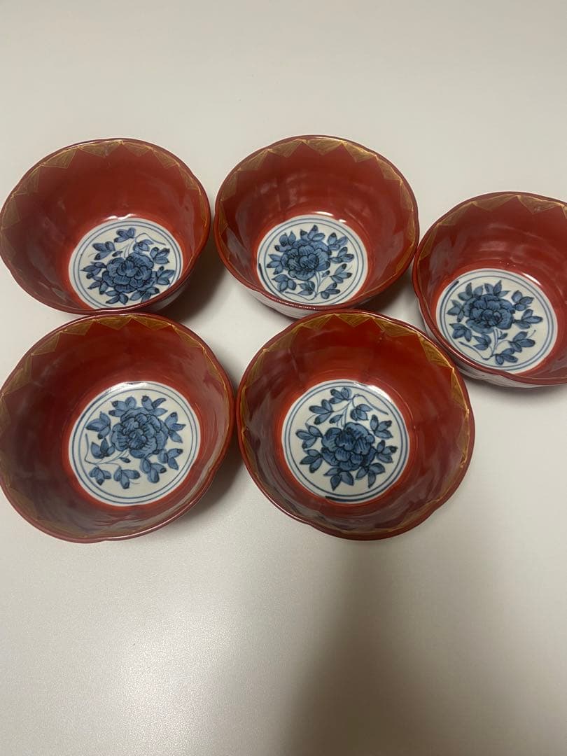 【大福】祥山 (造) 魯山人写 染付牡丹金彩赤絵鉢 5客揃