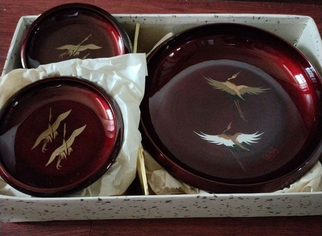 レトロ　ヴィンテージ　手書き蒔絵　鶴　奥州仙台玉虫ぬり　漆塗り　漆器　菓子器