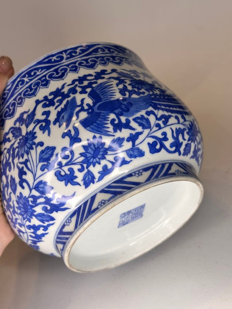 大清道光年製 底款　青花染付　鳳凰文　小缸　中国古美術