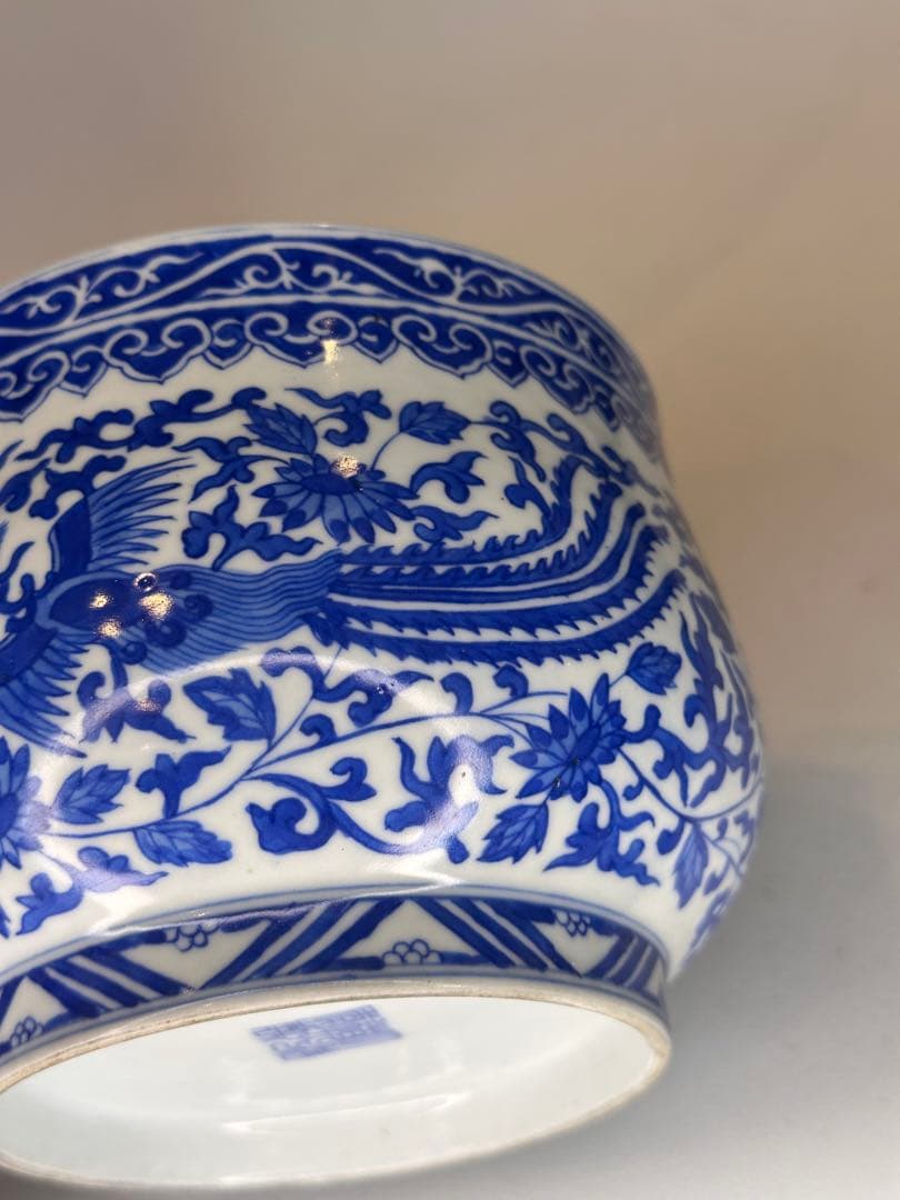 大清道光年製 底款　青花染付　鳳凰文　小缸　中国古美術