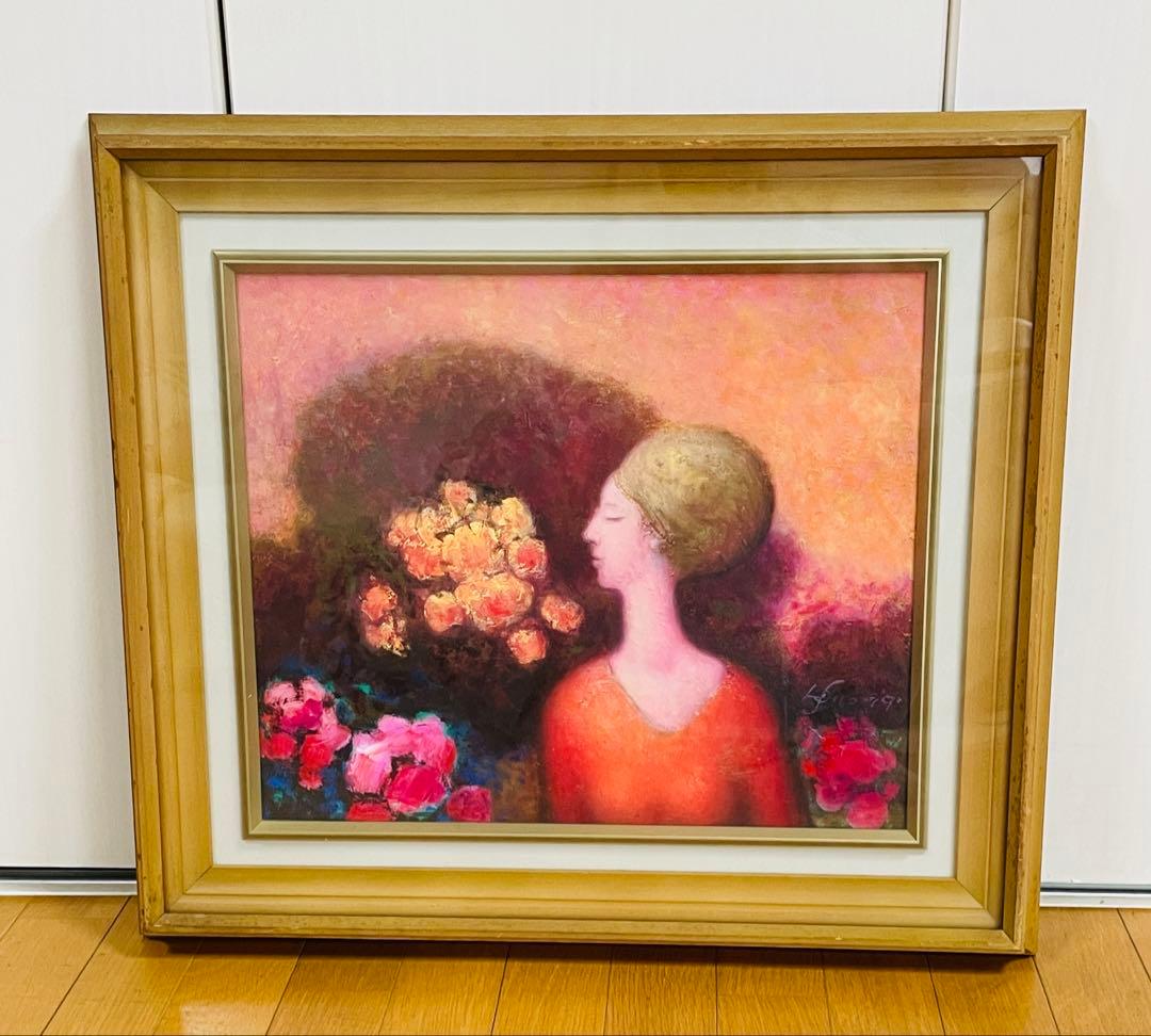 真筆　阿部乙人 油彩画 女性と花