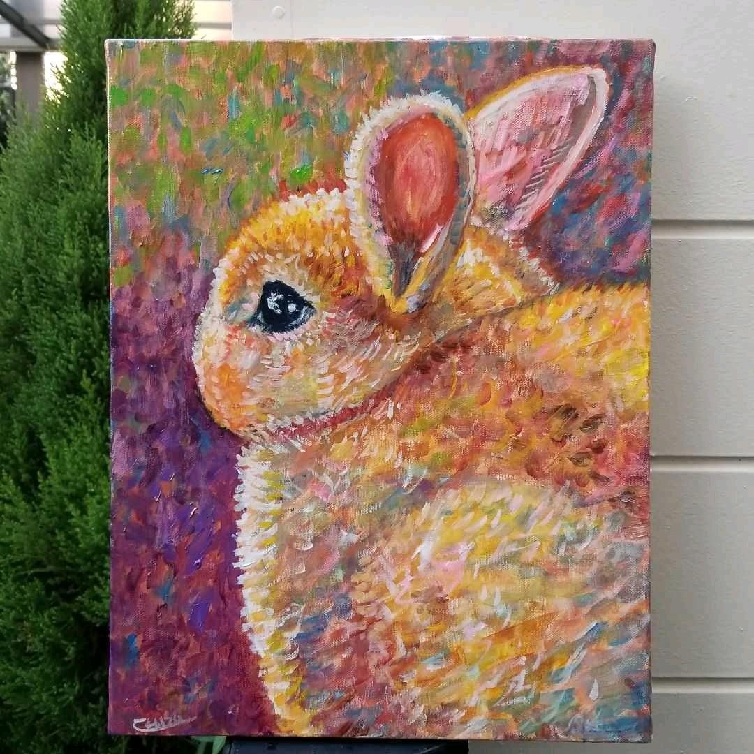 キャンバス油絵　専用　朝焼けを見る ななめうしろむきのうさぎ　印象派風