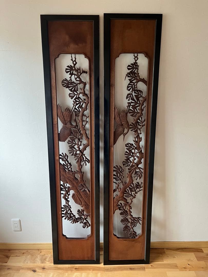 縁起の良い欄間　2枚セット　らんま　鶴　松