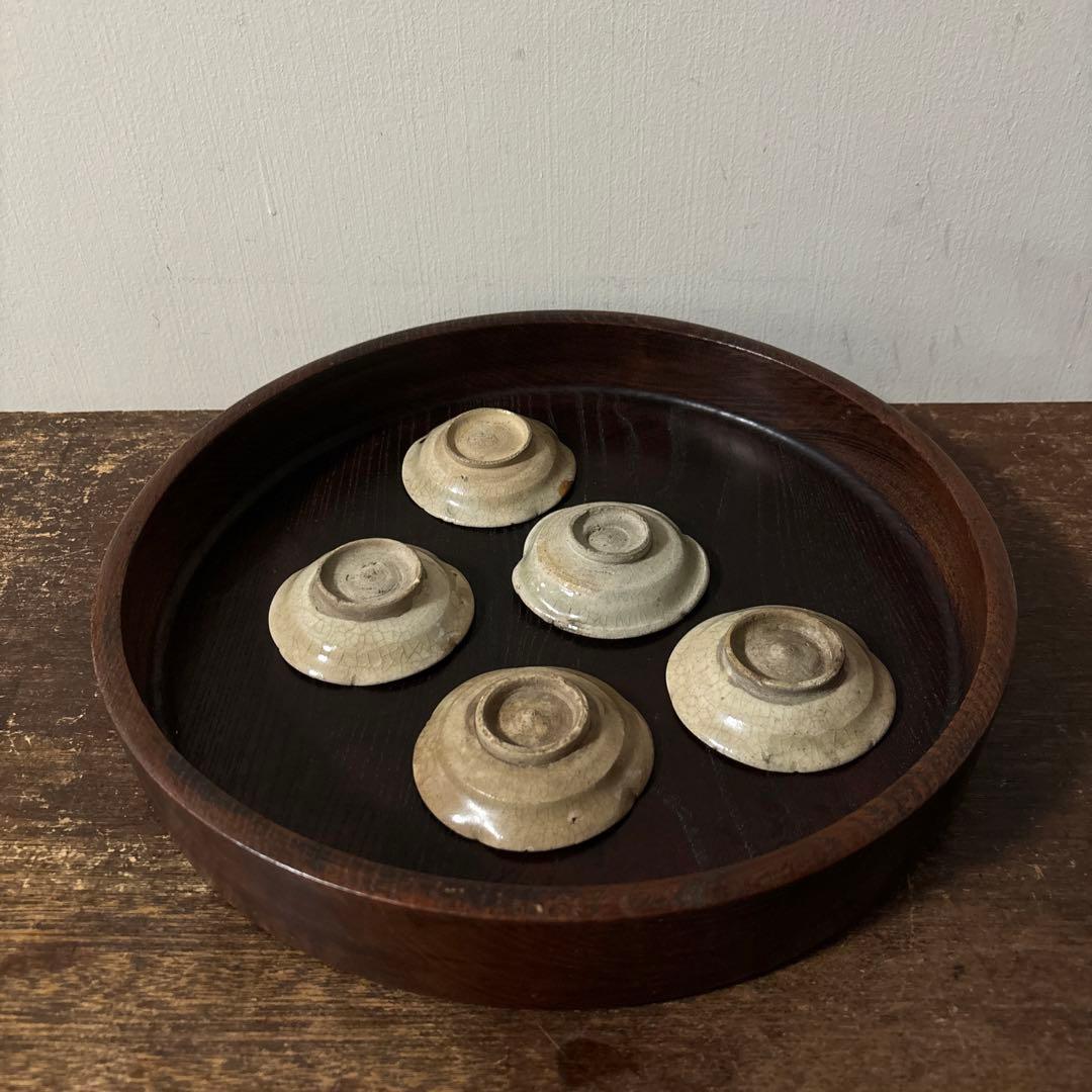 灰釉小皿　5点　豆皿　美濃瀬戸　酒盃　骨董　アンティーク　古道具　古民具　李朝