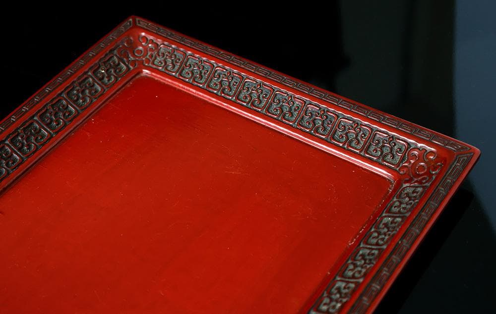 時代物 木地 堆朱 長方隅角盆 回文 雷文 雲雷文 茶懐石 鎌倉彫 折敷