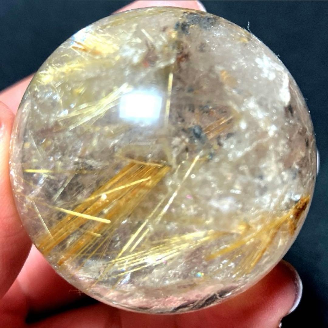 43mm 虹入りゴールドルチルクォーツ　丸玉　スフィア　金針水晶