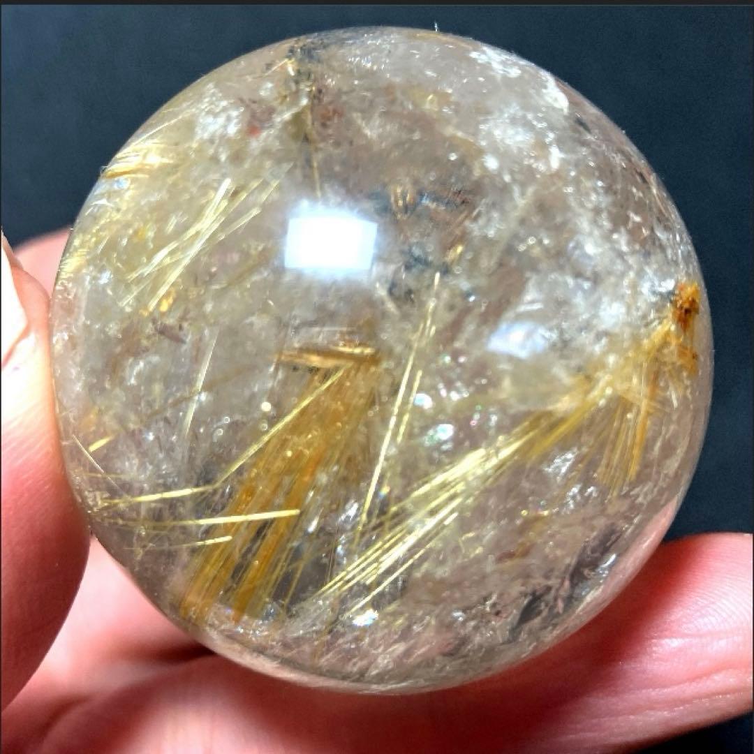 43mm 虹入りゴールドルチルクォーツ　丸玉　スフィア　金針水晶