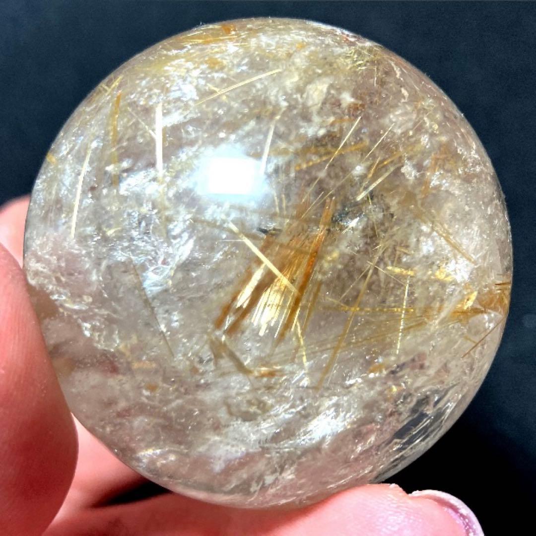 43mm 虹入りゴールドルチルクォーツ　丸玉　スフィア　金針水晶