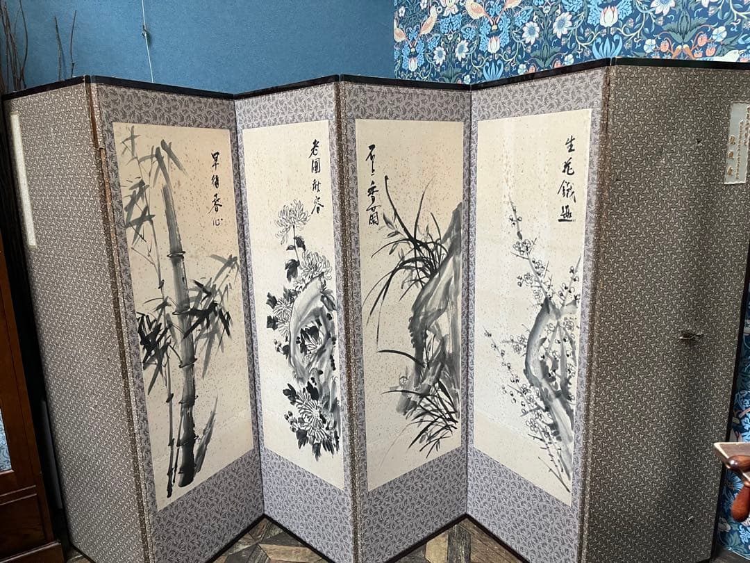 中国屏風 刺繍 雲林山房一修 四季山水 インテリア アンティーク