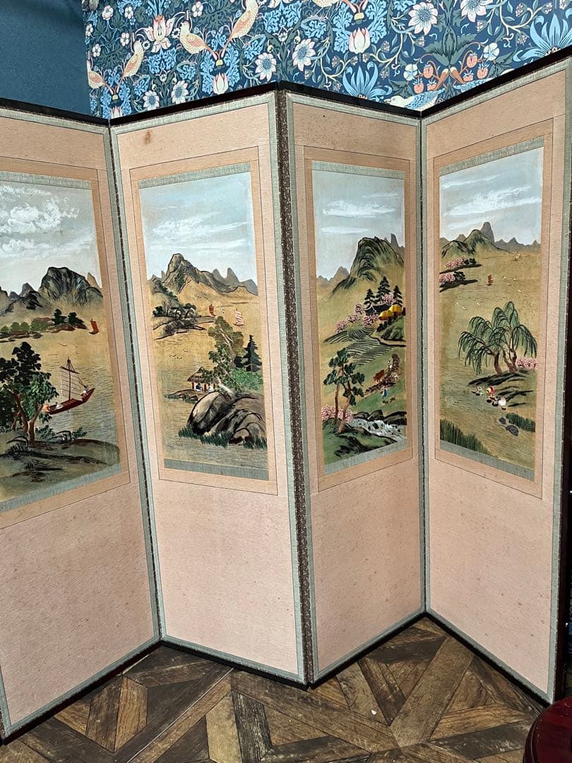 中国屏風 刺繍 雲林山房一修 四季山水 インテリア アンティーク