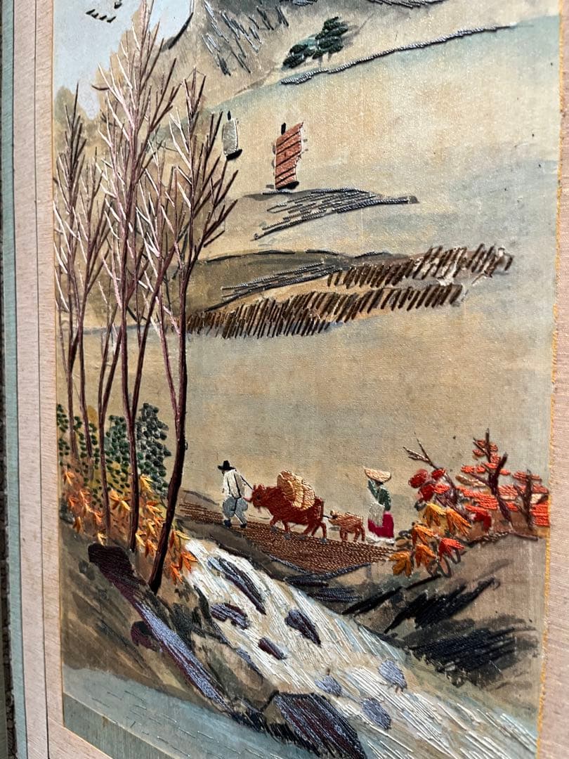 中国屏風 刺繍 雲林山房一修 四季山水 インテリア アンティーク