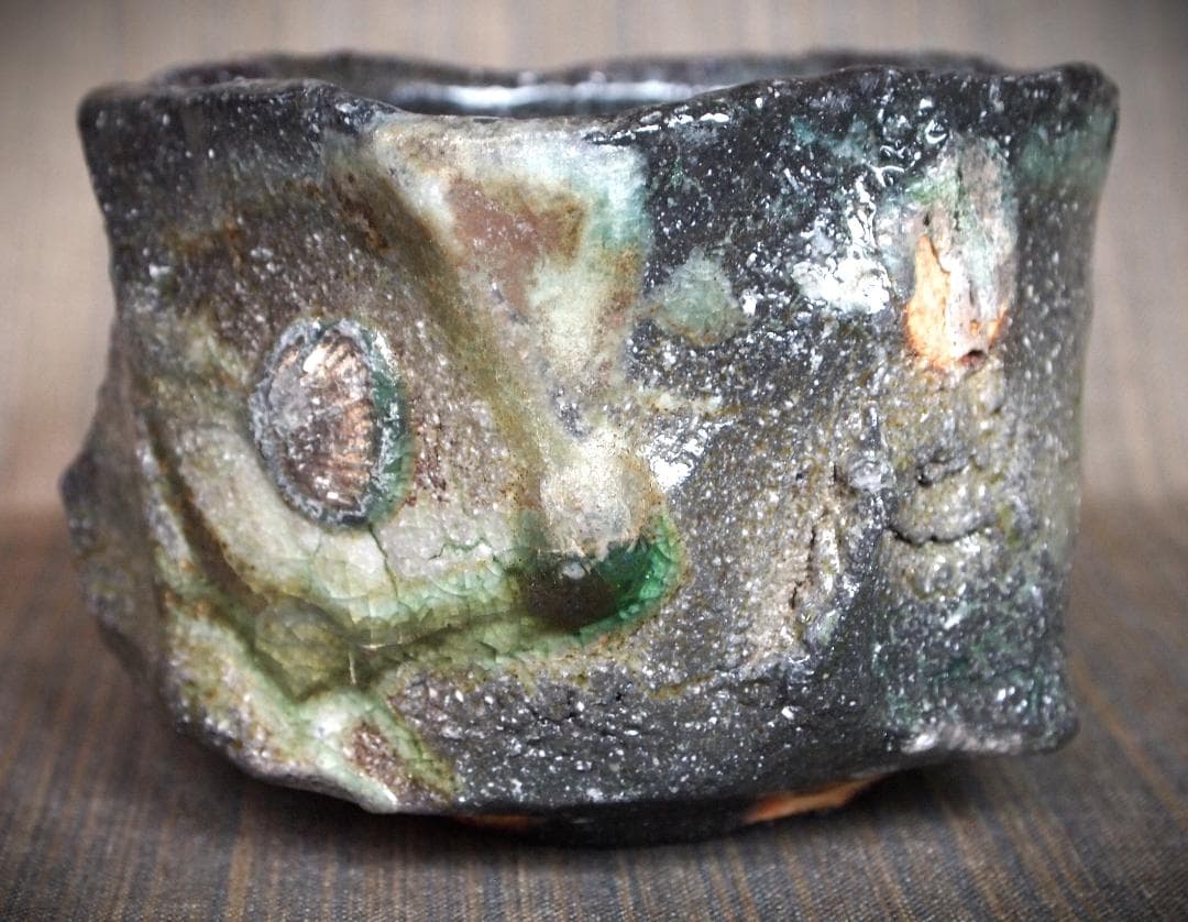 最上作★新学【師＆父：新歓嗣】★伊賀鎬茶碗★ビードロ★共箱・共布