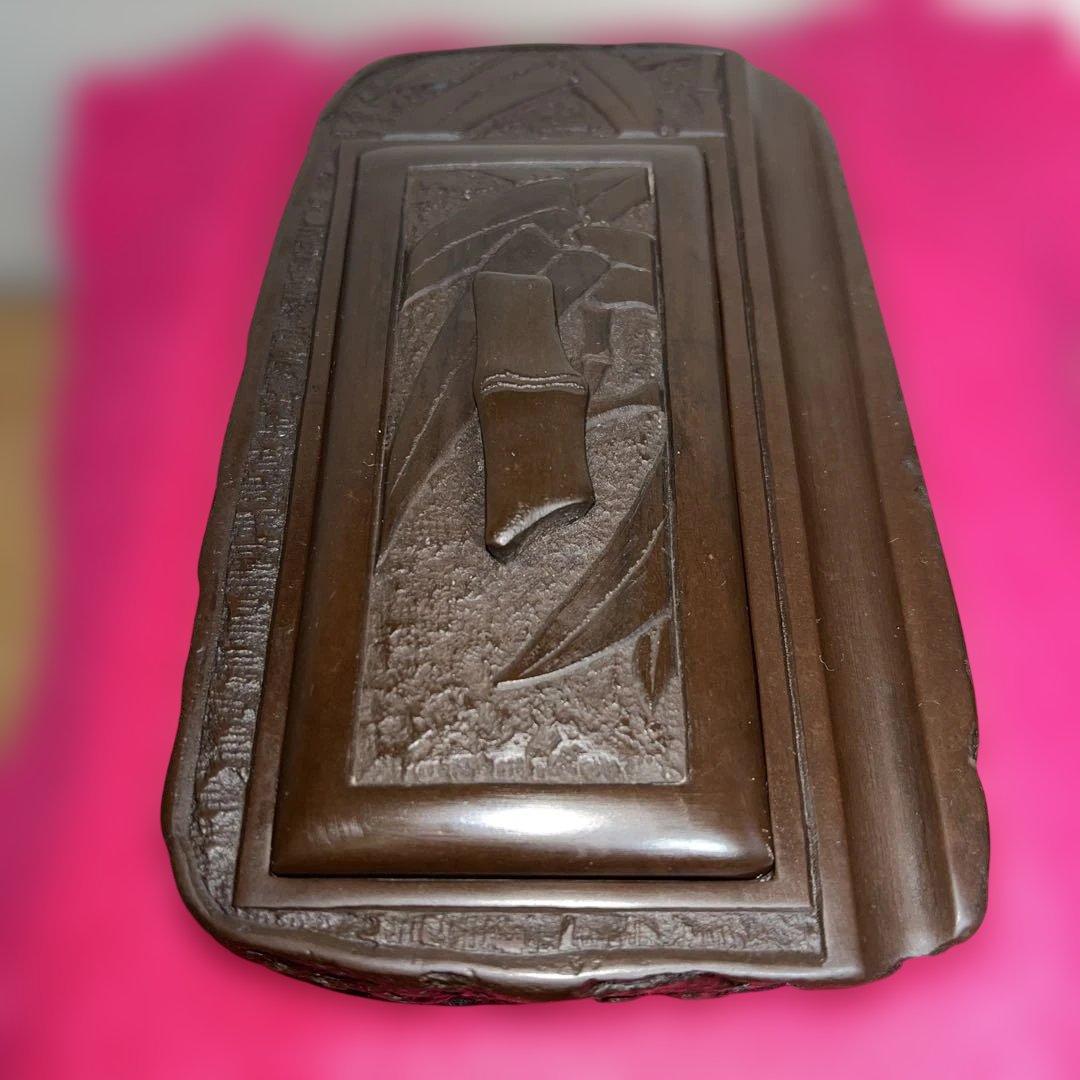 ⭕️赤間硯　彫刻蓋付き硯　木村玉池堂　木村保一　硯匠　華泉作　美品　女性好み