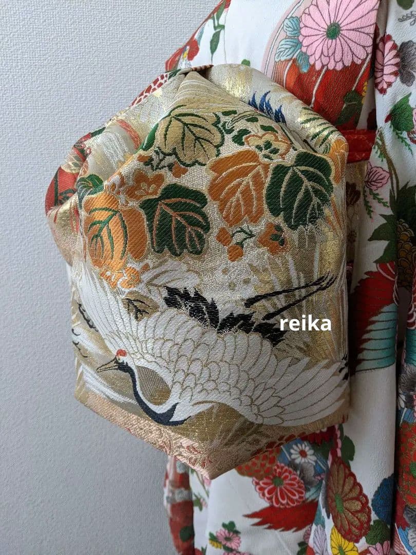 正絹袋帯からの作り帯　鶴 文庫結び　アンティーク　七五三ジュニア帯　成人式振袖