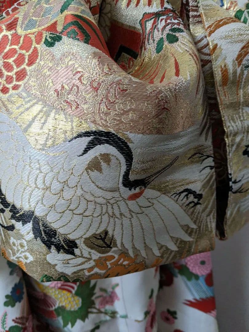 正絹袋帯からの作り帯　鶴 文庫結び　アンティーク　七五三ジュニア帯　成人式振袖