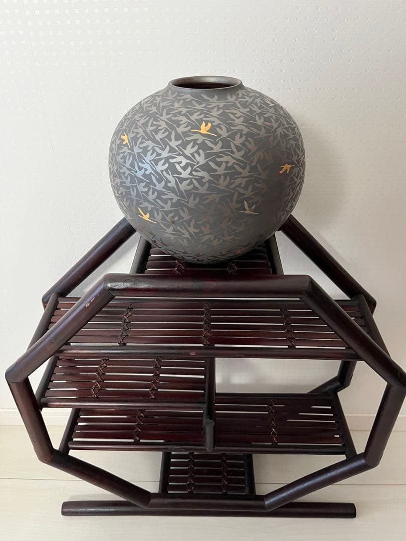 萬古輝彩鶴文壺、醉月窯、陶器、工芸品、古美術、花器、壺、飾り