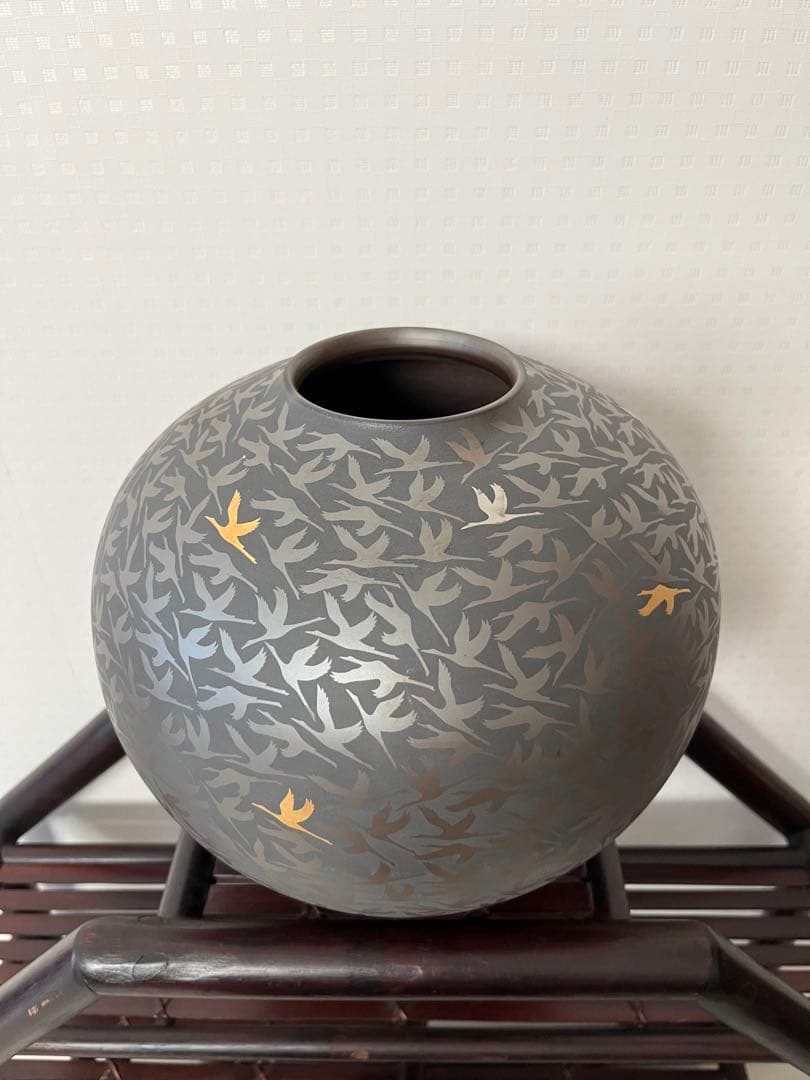 萬古輝彩鶴文壺、醉月窯、陶器、工芸品、古美術、花器、壺、飾り