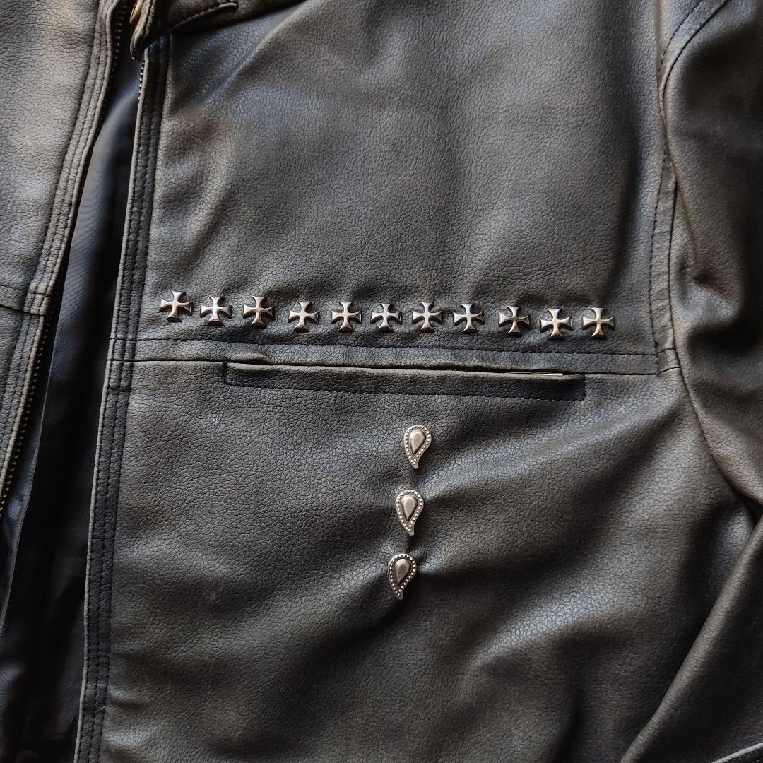 【希少レア】Y2K クロス スタッズ レザー ジャケット フェード 黒 茶色