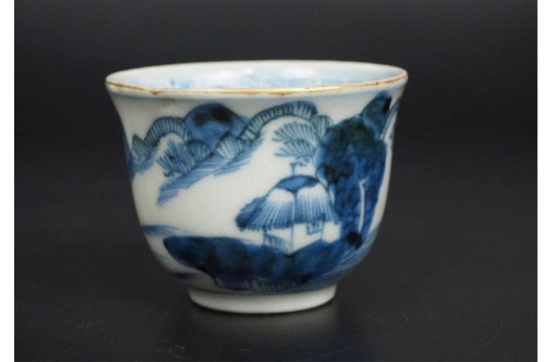 送料無料　江戸時代　古伊万里山水図煎茶碗4客　煎茶道具