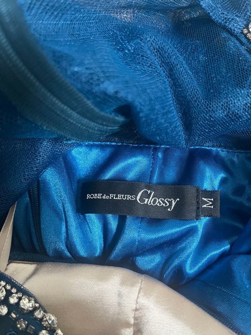 ルーヴドフルールビジューつきタイトロングドレスティールブルー