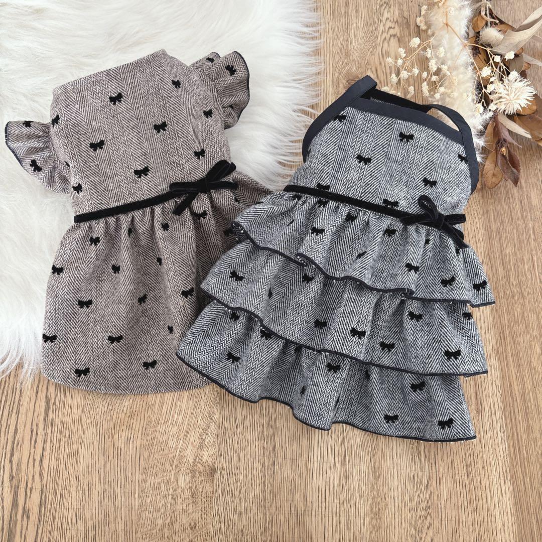 ハンドメイド　ヘリンボーンツイードリボン　ティアードワンピース　前開きワンピース