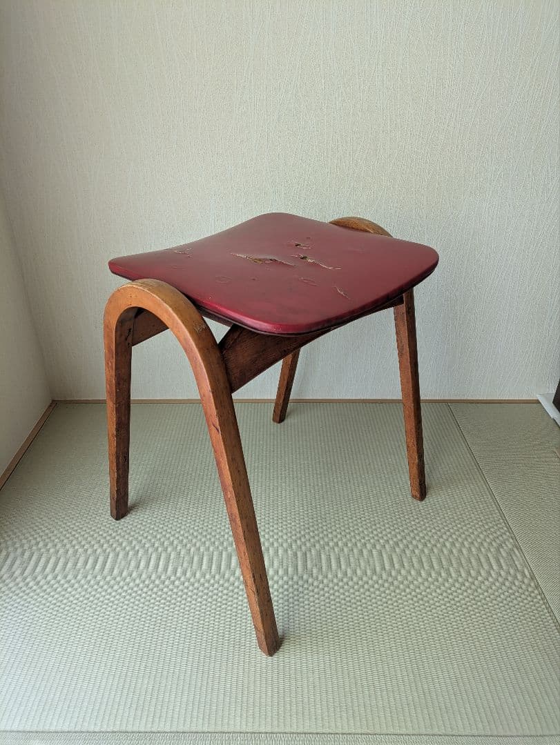 【秋田木工】木製 曲木 スツール 黒白幾何学模様 座面張り替え ハンドメイド