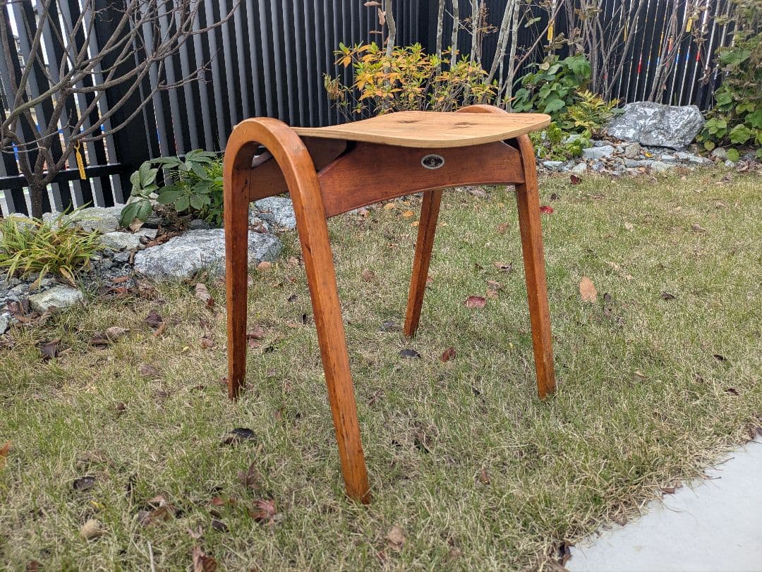 【秋田木工】木製 曲木 スツール 黒白幾何学模様 座面張り替え ハンドメイド