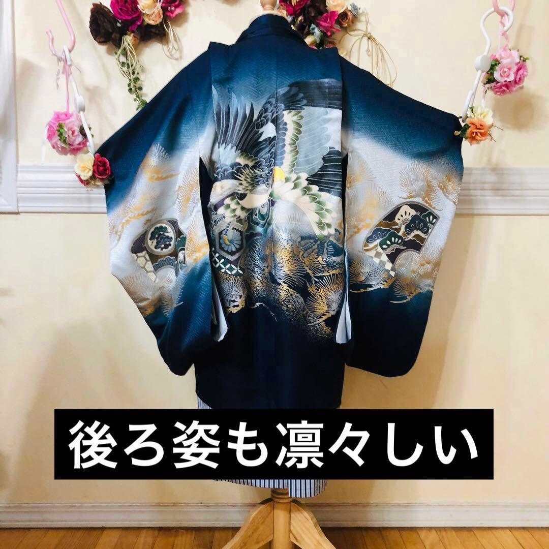 七五三五歳‼️完全️フルセット高級‼️美品紺地暈し鷹金糸刺繍煌びやか際立つ❤️家からなし