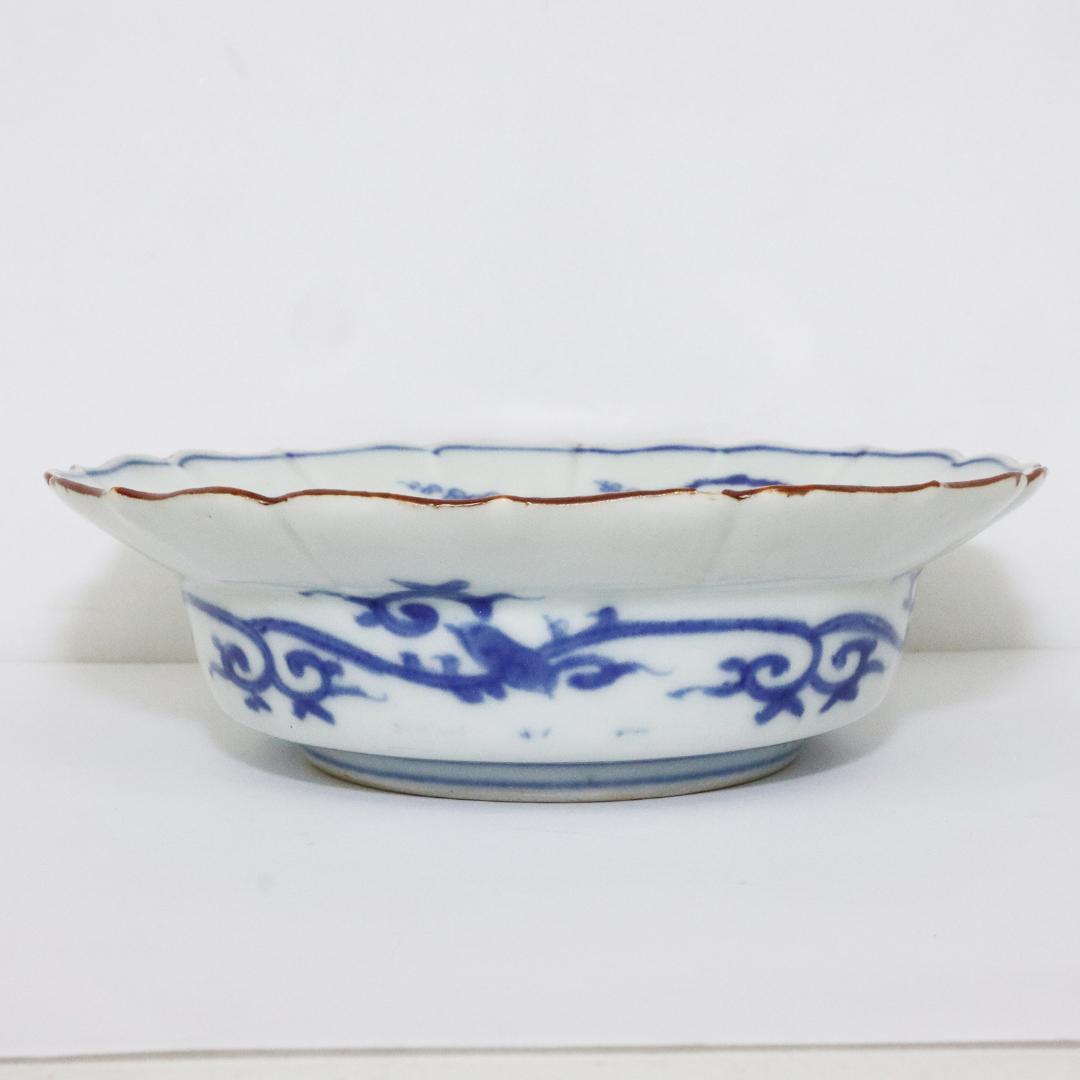 藍模様 輪花膾　古伊万里　角福　5客 賢人図 中皿