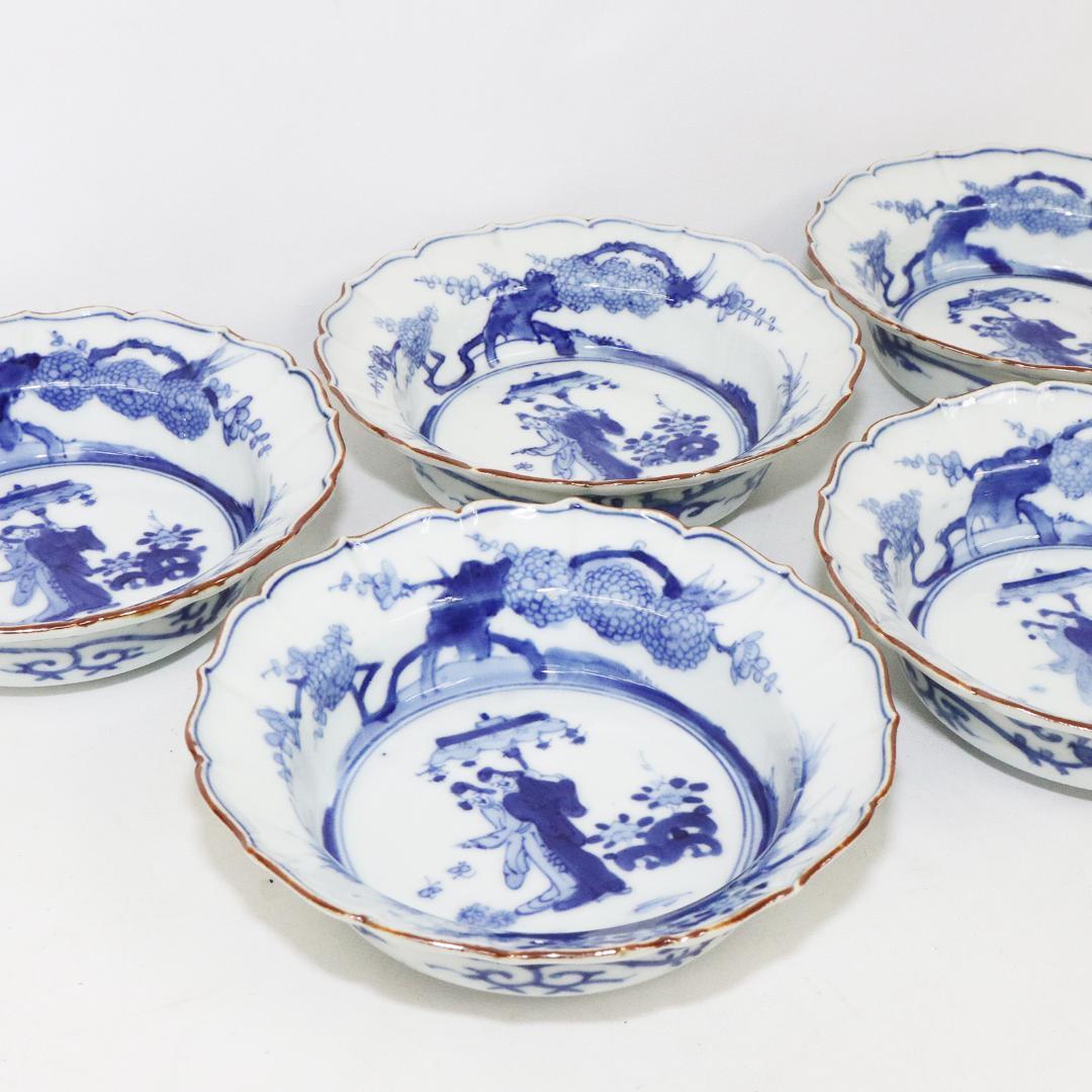 藍模様 輪花膾　古伊万里　角福　5客 賢人図 中皿