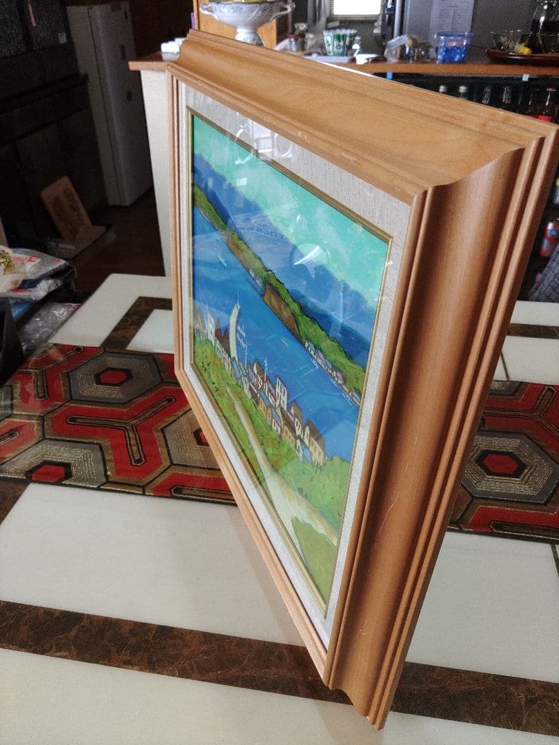 油彩画　入江の風景　作者不明　サイン有り