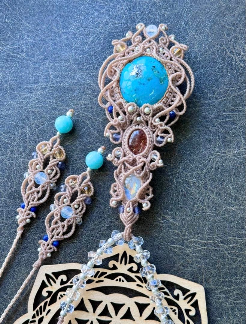 専用☆ペルシアンターコイズ＆サンストーン＆ムーンストーンのマクラメ編みネックレス
