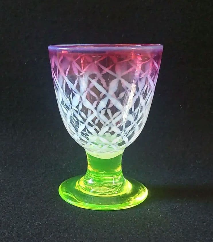 和ガラス　金赤縁七宝繋文　三色氷コップ　ウラン足　吹きガラス