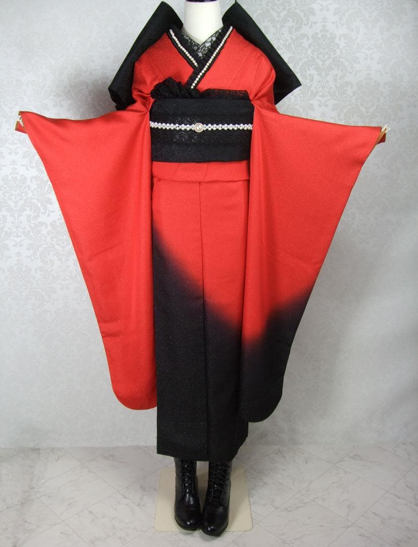 赤×黒　ゴシック振袖　振袖フルセット　ｍ44　パールベルベッドリボン　成人式
