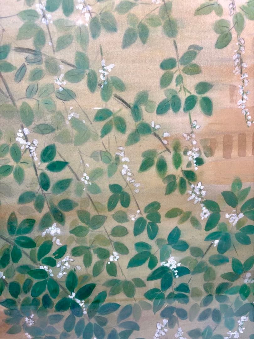 #森山季紫鳥 日本画「白い花と垣根」　額装