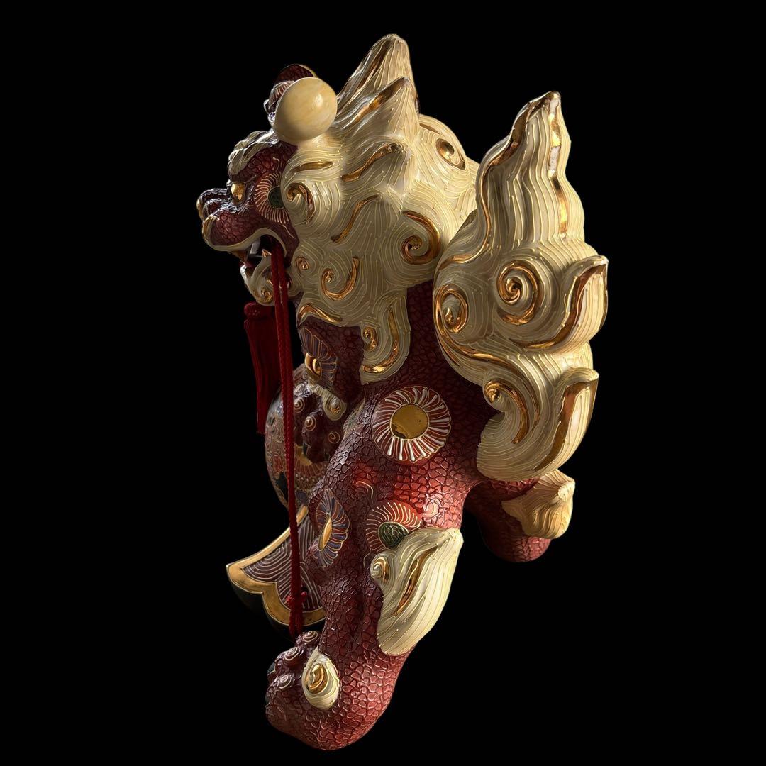 大特価【縁起物】唐獅子　小槌　九谷焼　商売繁盛　置き物　赤　白　金