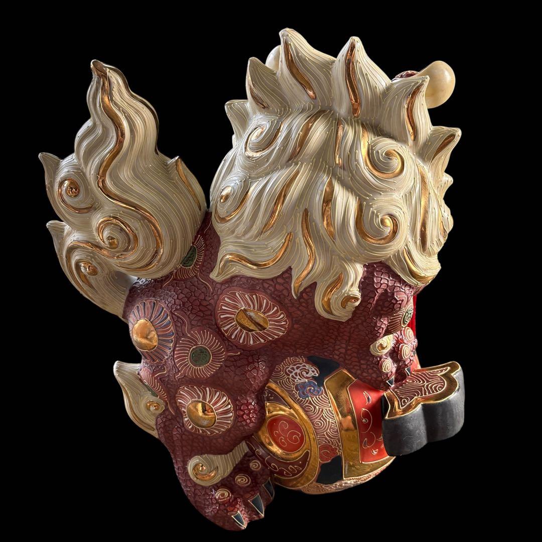 大特価【縁起物】唐獅子　小槌　九谷焼　商売繁盛　置き物　赤　白　金