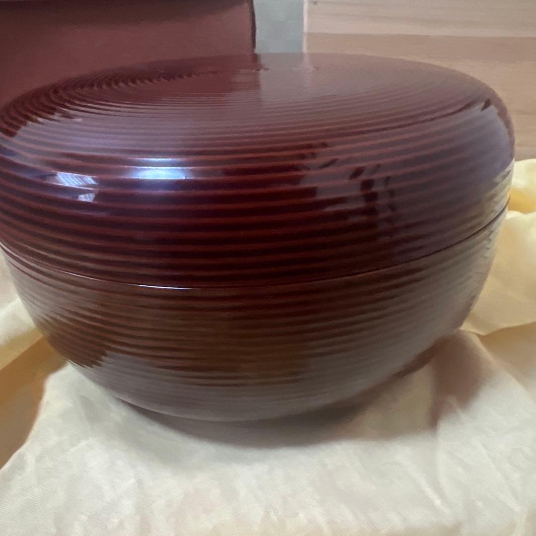 未使用品　中村宗悦　溜塗千筋　海松貝蒔絵　金次　食籠　供箱　共布