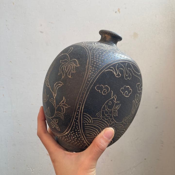 新羅土器 韓国 柳 昌坤 新羅窯 花瓶 在銘 共箱あり 花器 古物22.12.4