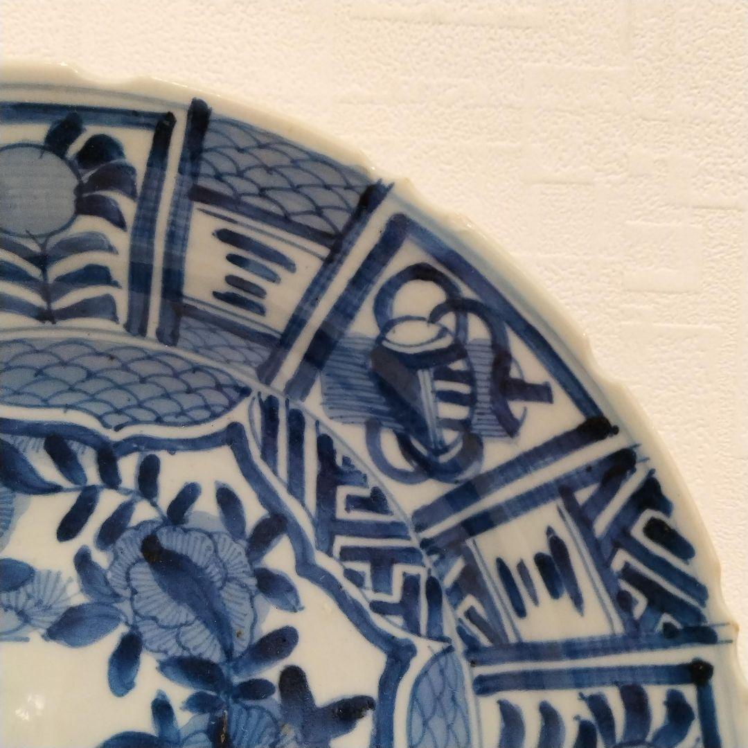 u348-4　中国 清朝期 古染付 芙蓉手 飛蝗文大皿 時代唐物　Q