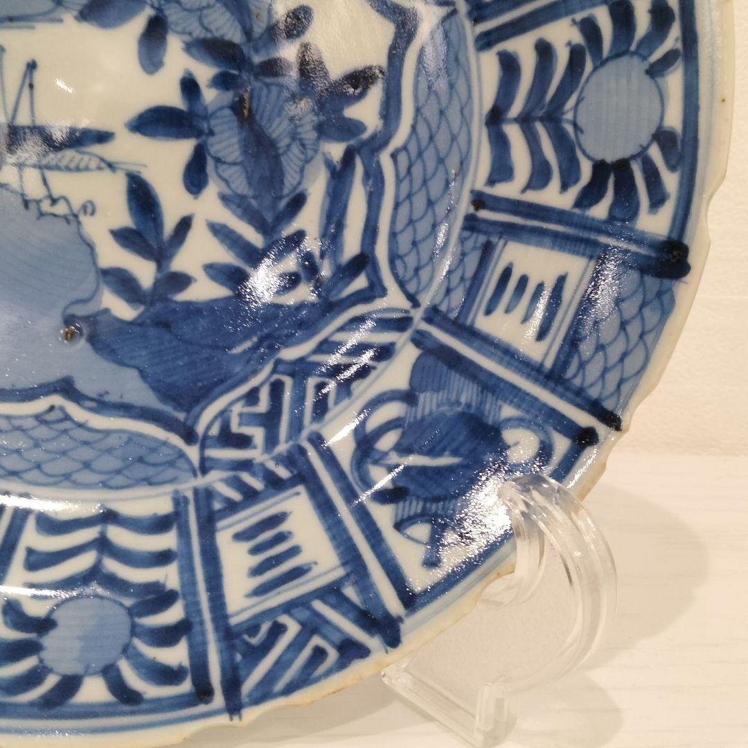 u348-4　中国 清朝期 古染付 芙蓉手 飛蝗文大皿 時代唐物　Q