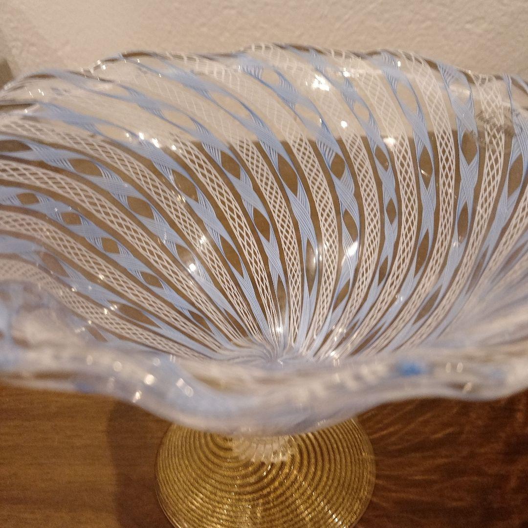 ベネチアンガラス　ムラノ　MURANO　コンポート　水色　レース　インテリア