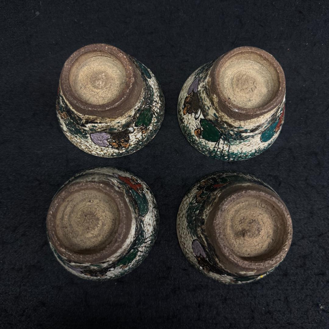 明治時代 犬山焼 竹林賢人雲錦手文様 骨董品 湯呑４客 時代物キズあり